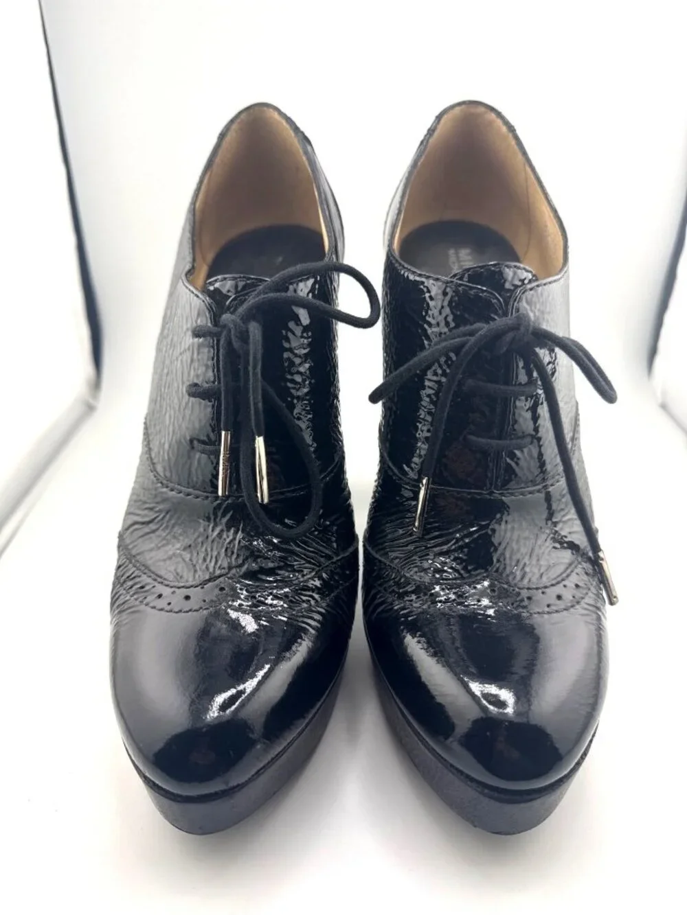 Michael Kors Panama Oxford Heels 8.5M Black Patent Leather Platform Office Siren